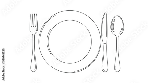 Simple black and white line drawing of a complete table setting including a dinner plate, fork, knife, and spoon on white background.