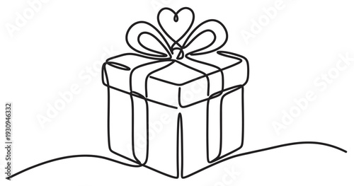 Continuous line drawing gift box with heart-shaped bow symbolizing love and celebration on a special occasion.