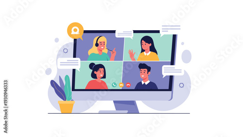 Modern computer monitor displaying a video conference call with four diverse participants in a organized group meeting layout.