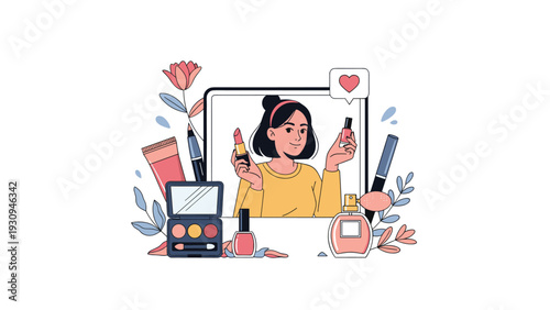 Young woman makeup influencer presenting beauty products like lipstick, perfume, and eyeshadow on a tablet screen in a frame.