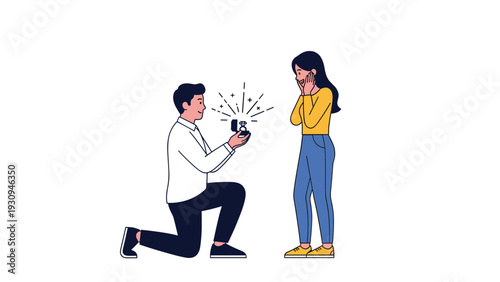 Romantic illustration of a man kneeling and proposing to a surprised and happy woman with an engagement ring in a small box.