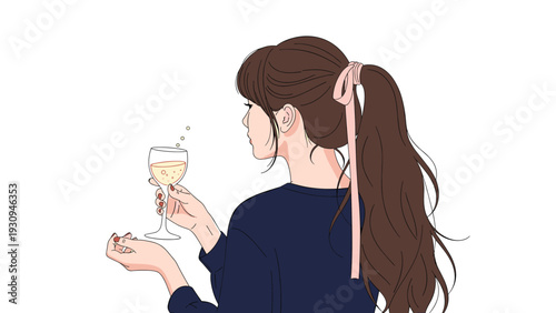 Back view of a fashionable woman with a long brown ponytail and a pink ribbon holding a glass of sparkling champagne.