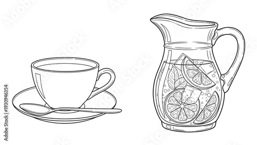 Line drawing of a breakfast or tea set featuring a teacup on a saucer with a spoon and a pitcher of lemon water with fresh mint.