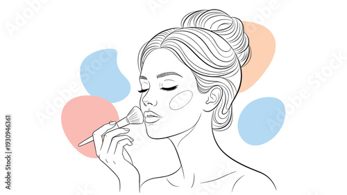 Elegant line drawing of a woman's profile while she applies face makeup with a brush, accented by colorful abstract shapes.