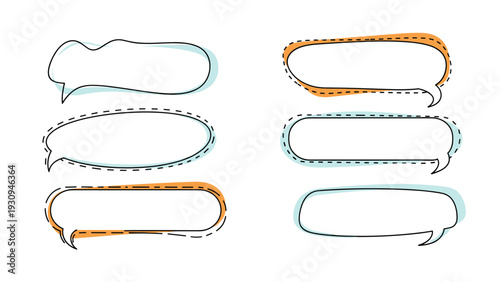 Set of six diverse hand-drawn speech bubbles with dashed outlines and soft color accents for comic and presentation design.