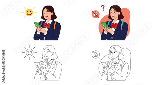 Contrast illustration of a schoolgirl feeling happy with her phone under the sun versus feeling worried about a locked account.