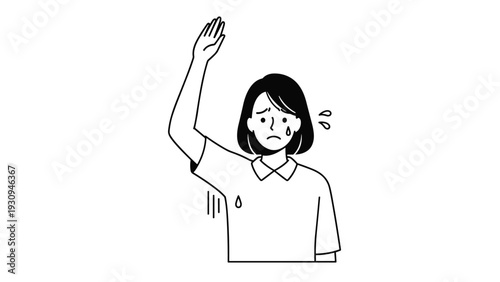 Black and white line drawing of a woman raising her arm while looking worried about perspiration or sweat marks under her arm.