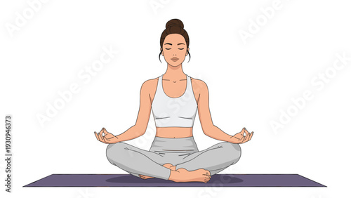 Calm young woman practicing yoga and meditation in lotus position on a mat to achieve mental balance and physical well-being at home.