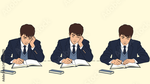 Group of identical male students in school uniforms sitting at desks and writing diligently in their notebooks during a lecture or exam.