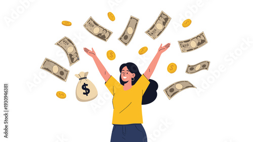 Happy young woman celebrating financial success with Japanese yen banknotes and gold coins falling around her on a white background.
