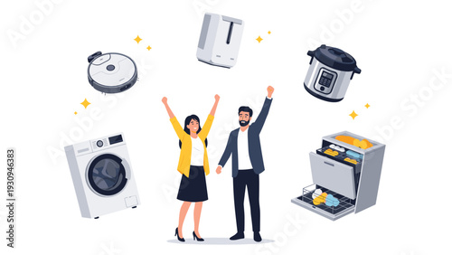 Joyful couple celebrating the purchase of new modern household appliances like a robot vacuum cleaner washing machine and dishwasher.