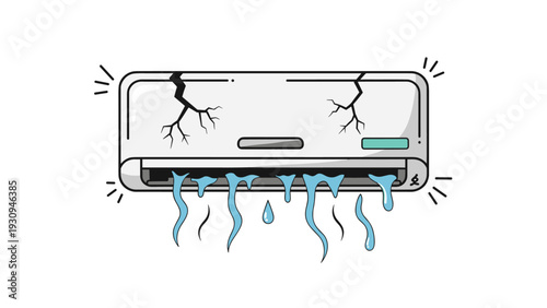 Broken wall mounted air conditioner unit with cracks and water leaking down indicating a malfunction or need for professional repair services.