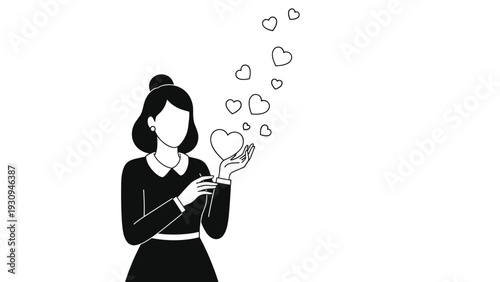Elegant woman in a black dress holding a heart while small hearts float upwards symbolizing love affection and kindness in line art style.
