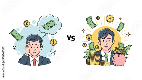 Contrast between a worried man struggling with debt and a successful businessman with large savings and investments for a secure future.