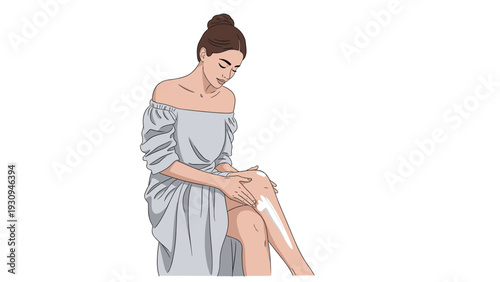 Beautiful young woman applying moisturizing body lotion or cream to her smooth legs as part of her daily skincare and beauty routine.