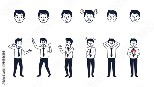 Collection of various facial expressions and body language poses of a businessman showing different emotions like joy sadness and surprise.