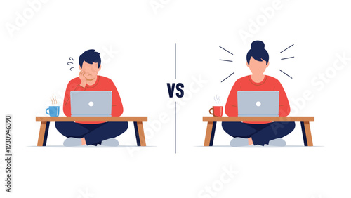 Comparison between a tired man struggling with work on a laptop and an energetic woman who is focused and productive in her home office.