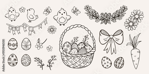 A charming collection of hand drawn easter elements and spring florals