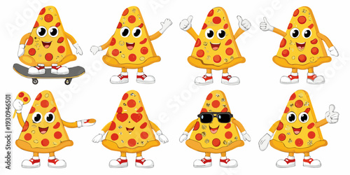 Cartoon pizza slices with faces performing various actions and poses
