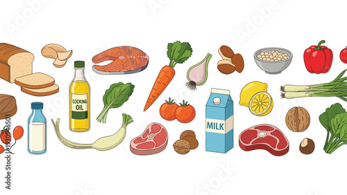 Diverse selection of healthy food ingredients including fresh vegetables, fruits, proteins, dairy, and essential oils.