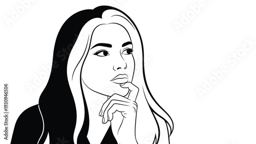 Detailed black and white line drawing of a beautiful young woman looking up with a thoughtful and pensive expression.