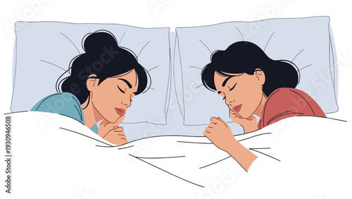 Peaceful scene of two women sleeping comfortably under a white blanket in a bed with blue pillows and background.