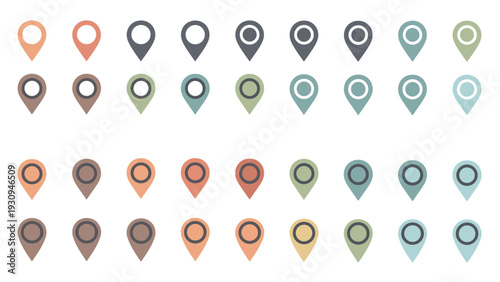 Collection of colorful map pin icons and location marker symbols in various shades for navigation and geography apps.