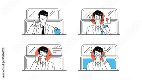 Commuter experiences on a train showing a businessman checking his face, wearing a mask, and feeling unwell or stressed.