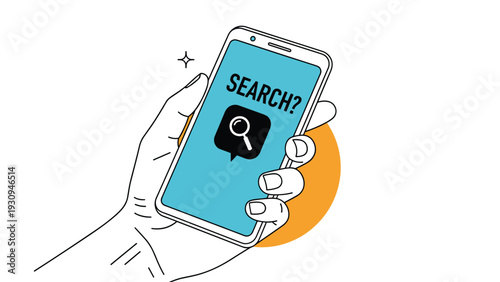 Person holding a smartphone while looking for information with a search icon and text displayed on the blue screen.