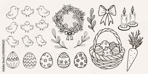 Charming easter doodles featuring chicks eggs wreaths and spring elements