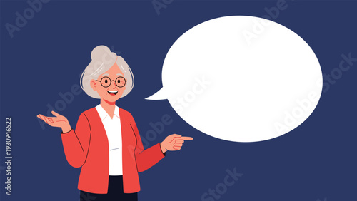 Friendly senior woman wearing glasses pointing at a large empty speech bubble for text or informational messages.