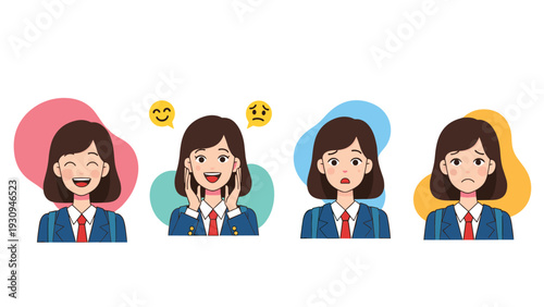 Collection of female student characters showing various facial expressions from happiness and surprise to concern and sadness.