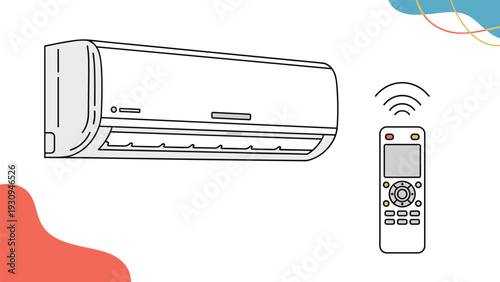 Modern wall-mounted split system air conditioner unit shown with a remote control for temperature and mode adjustments.