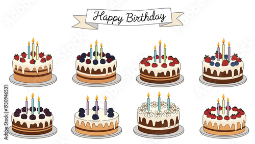 Assortment of delicious birthday cakes with cream, berries, and lit candles accompanied by a celebratory banner.