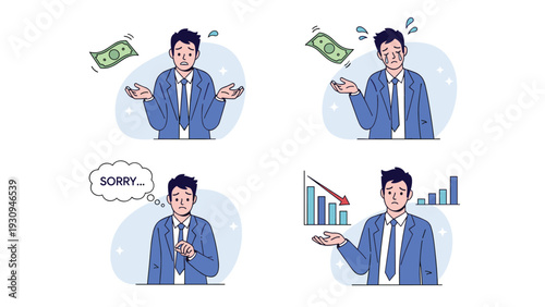 Series of illustrations showing a businessman in financial distress due to money loss, falling profits, and poor performance.