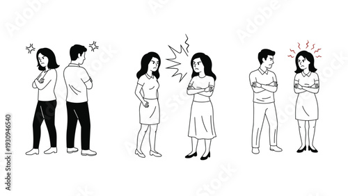 Various scenes of couples in conflict showing arguments, disagreements, and cold shoulders through body language.