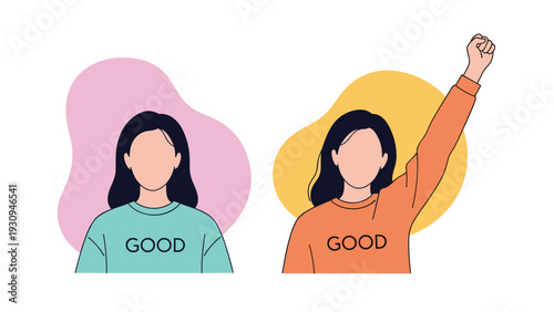 Empowered women wearing shirts with the word good showing strength and confidence through positive self-image.