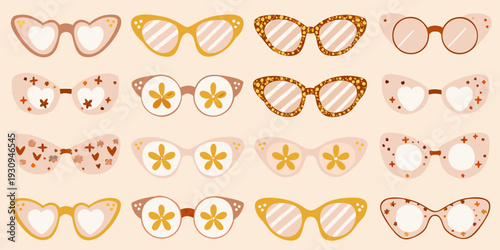 A colorful arrangement of patterned sunglasses and eyewear designs