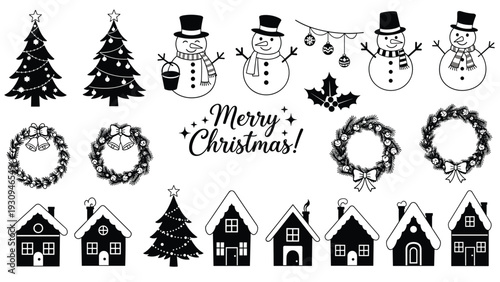 Collection of festive black and white christmas icons including trees, snowmen, houses, and wreaths with holiday greetings.