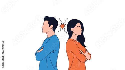 Conflict between a man and woman shown as they stand back to back with crossed arms and an anger symbol.