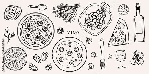 A charming sketch of various food items and dining utensils atop a cream background