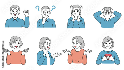 Variety of emotional reactions and facial expressions from an elderly couple shown in a set of character portraits.