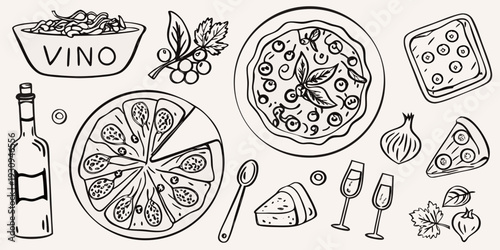 Italian food doodles pizza pasta wine and various culinary elements