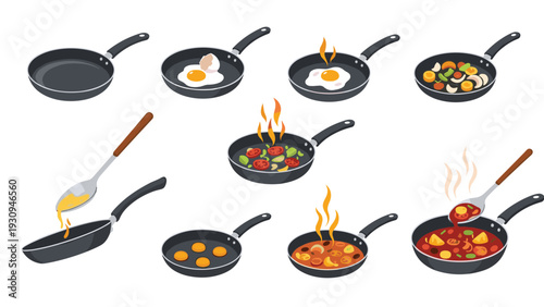 Cooking process shown in frying pans with ingredients like eggs, fresh vegetables, and savory stews for meal preparation.
