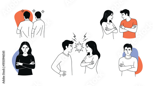 Diverse group of people in conflict showing anger, frustration, and poor communication through various body language.