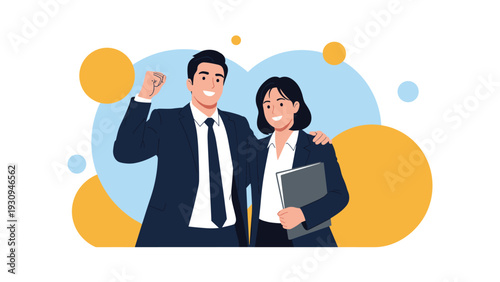 Confident businessman and businesswoman standing together as a successful team in professional corporate attire.