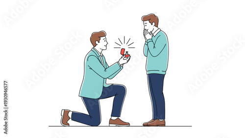 Romantic marriage proposal between a same-sex male couple featuring a diamond ring in a red box and joyful reaction.