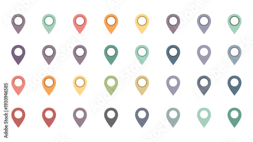 Extensive set of multicolored map pins and location marker icons for digital maps and navigation applications.