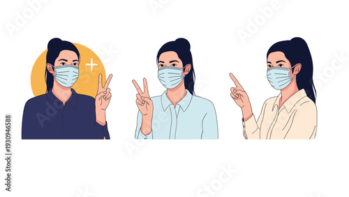 Young woman wearing a medical mask while making various hand gestures including a peace sign and pointing to information.