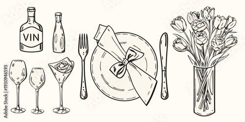 A sketched dinner setting with wine flowers and elegant tableware